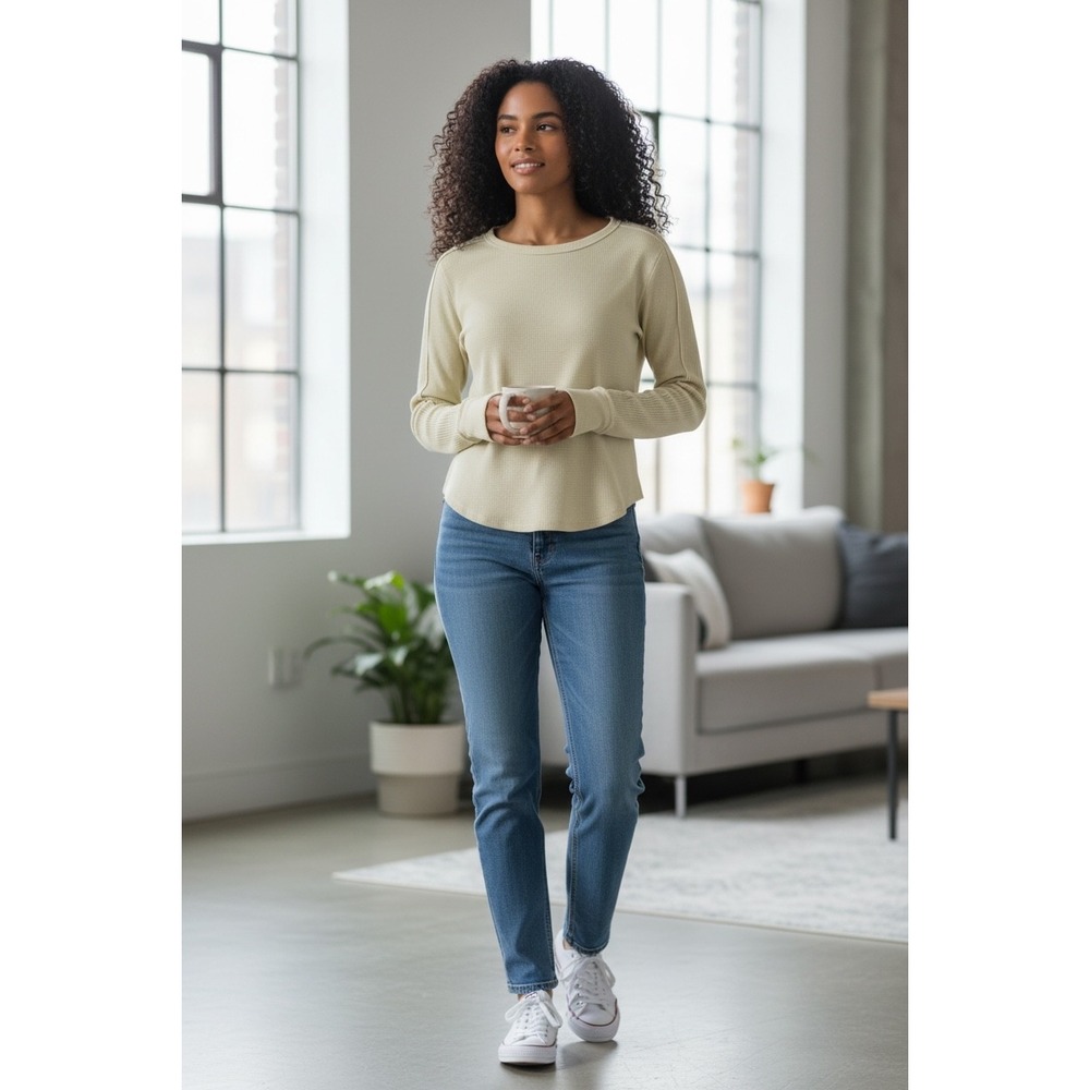 We The Free Thermal Knit Long Sleeve Shirt‎ Cream Button Cuff Crew Neck